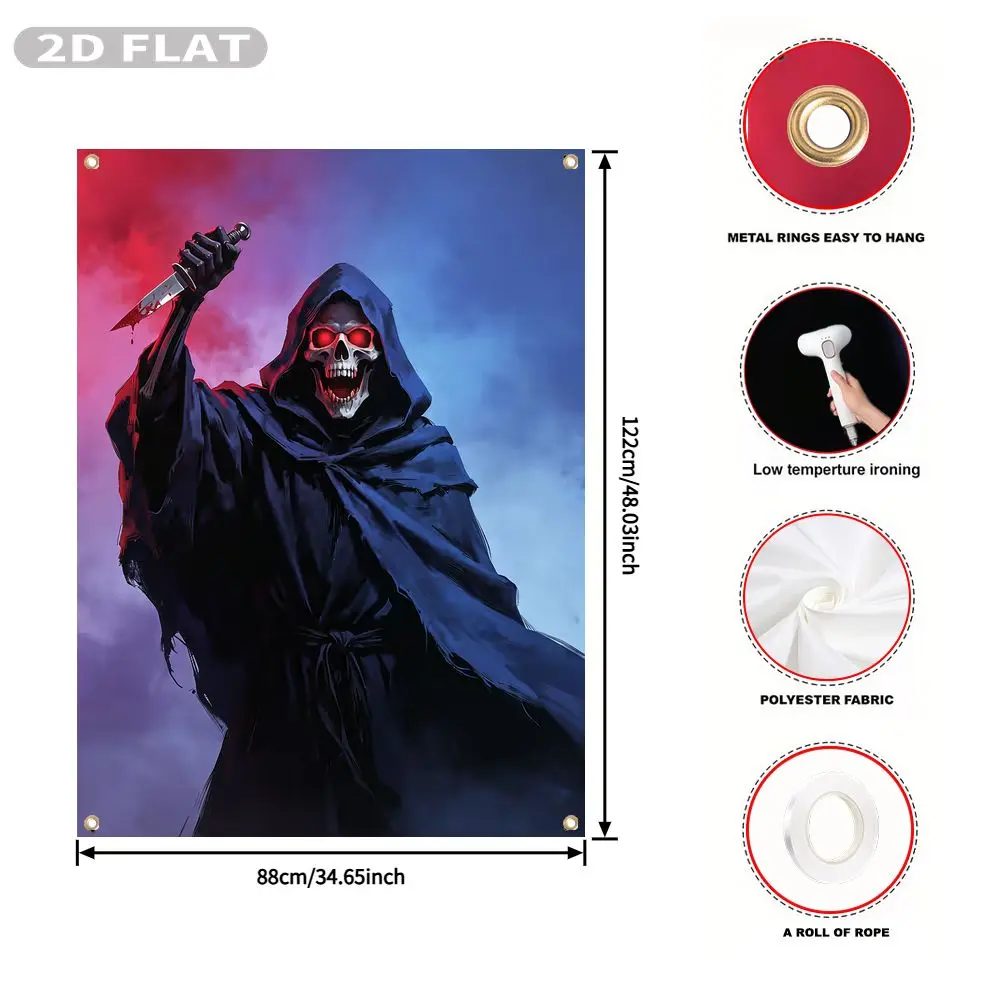 2D FLAT 1pc Party Banner, Halloween Window Cover with Grim Reaper Holding Knife Glowing Red Eyes,122x88cm, Polyester