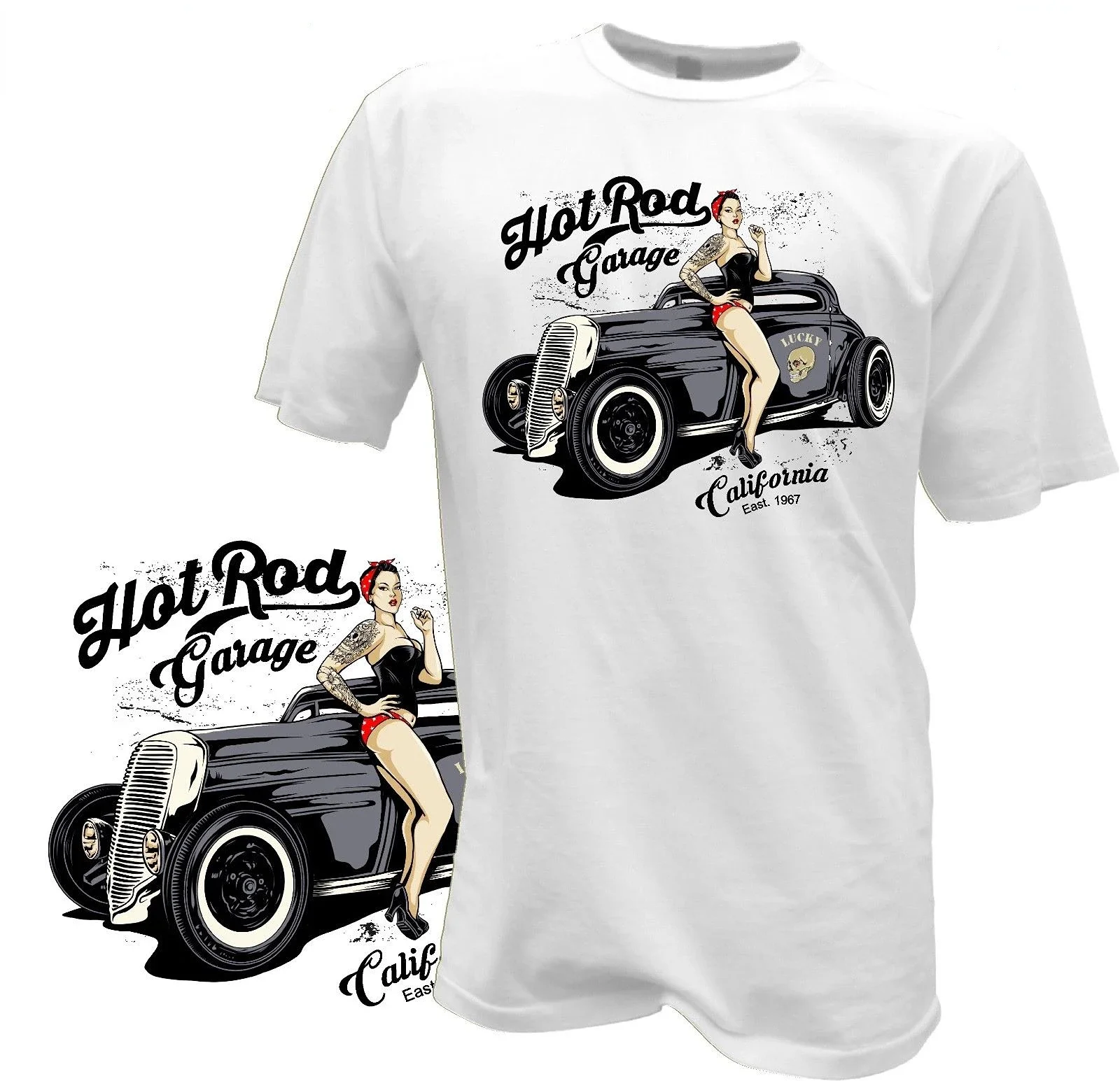 Hot Sale Men T Shirt Fashion T-Shirt Summer O-Neck Tops Pin Up Girl Hot Rod Rockabilly Tattoo Musik Garage Oldschool V8 USA V6
