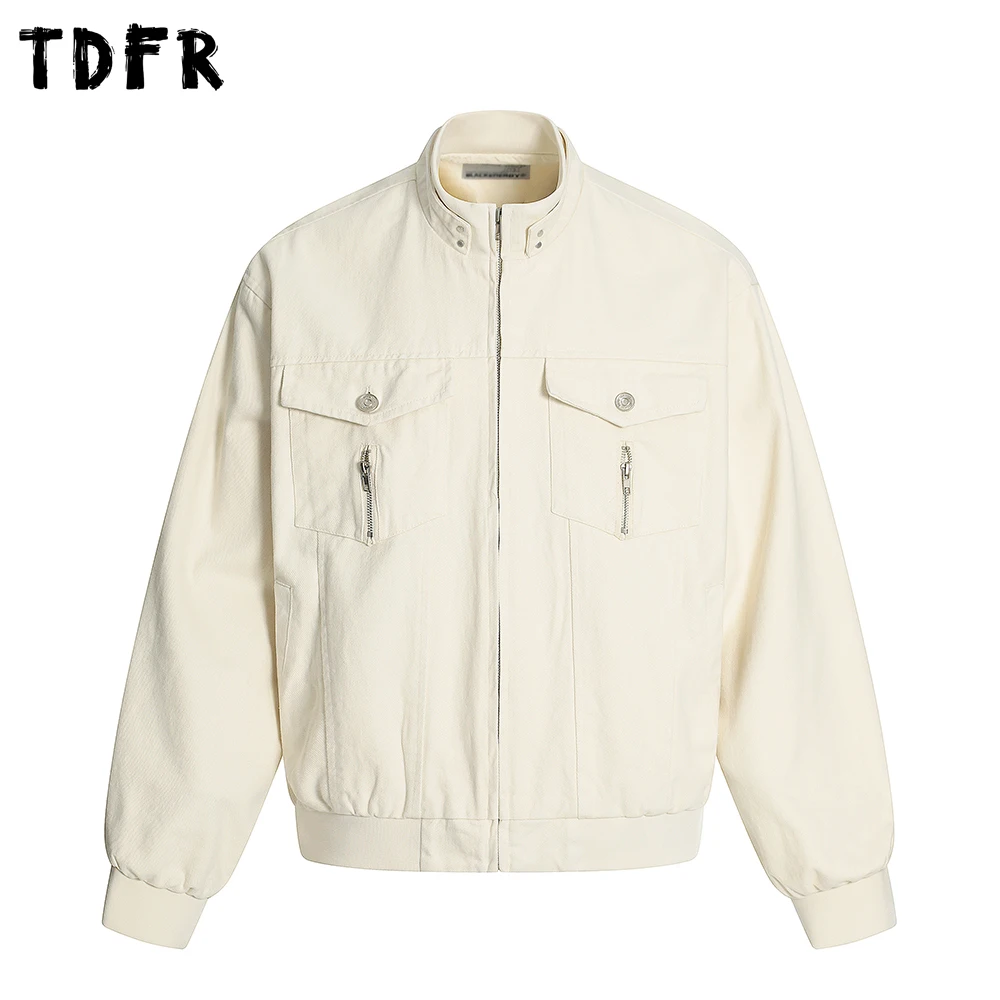 

Zipper Decoration Cargo Jacket Mens Multi-Pocket Solid Color Retro Autumn Casual Loose Stand Collar Long Sleeve Outerwear Man