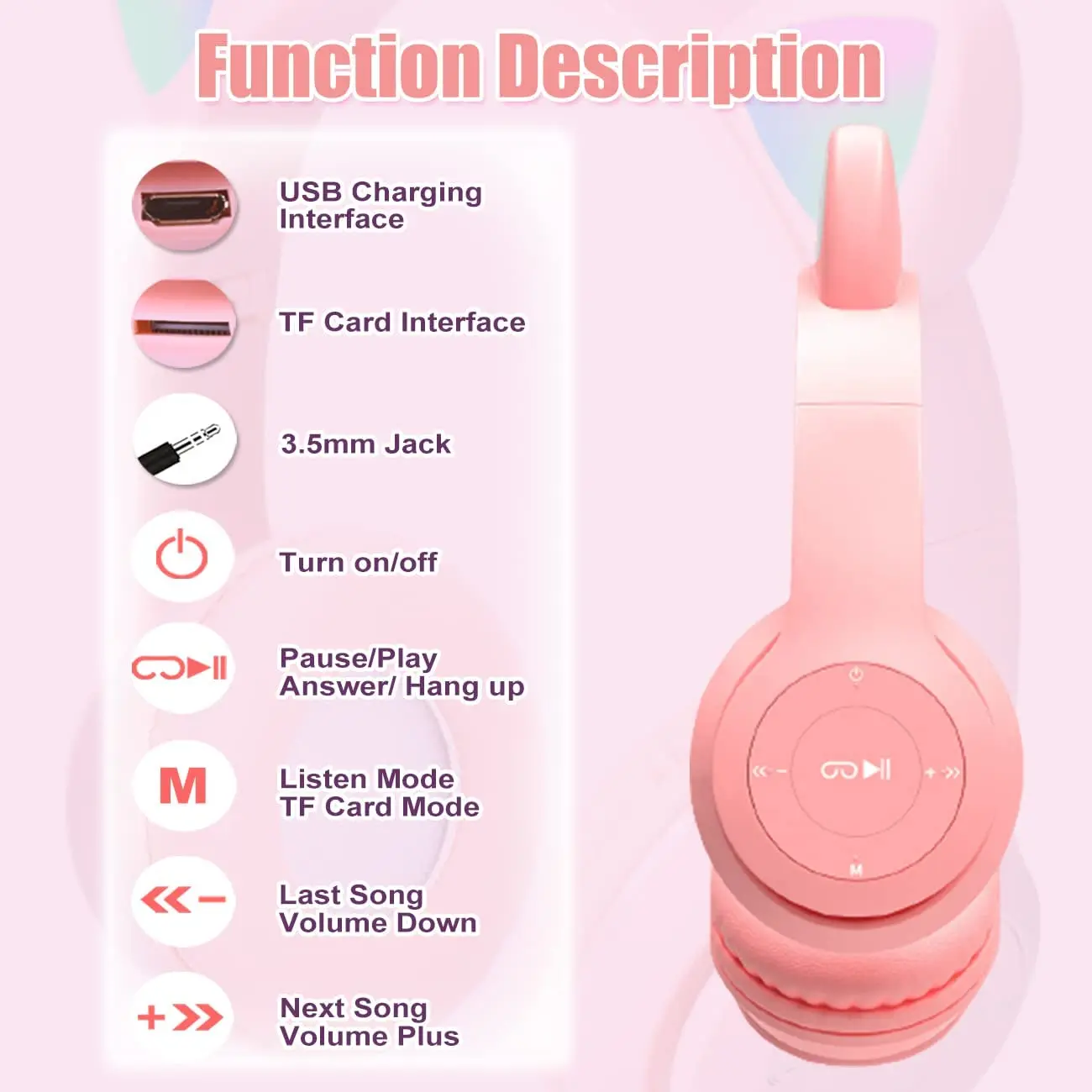 Bluetooth Foldable Cat Ear Headphone Wireless Kids Kitty Headset with Mic Light Up for Boy Girl Learning School Travel Tablet