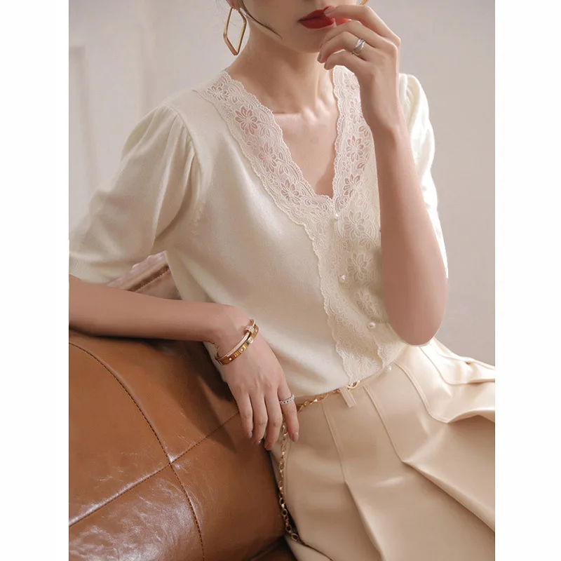 

Свободный летний вязаный топ с кружевным принтом, повседневная универсальная верхняя одежда V-Ne ort Sve, женская футболка из ледяного шелка