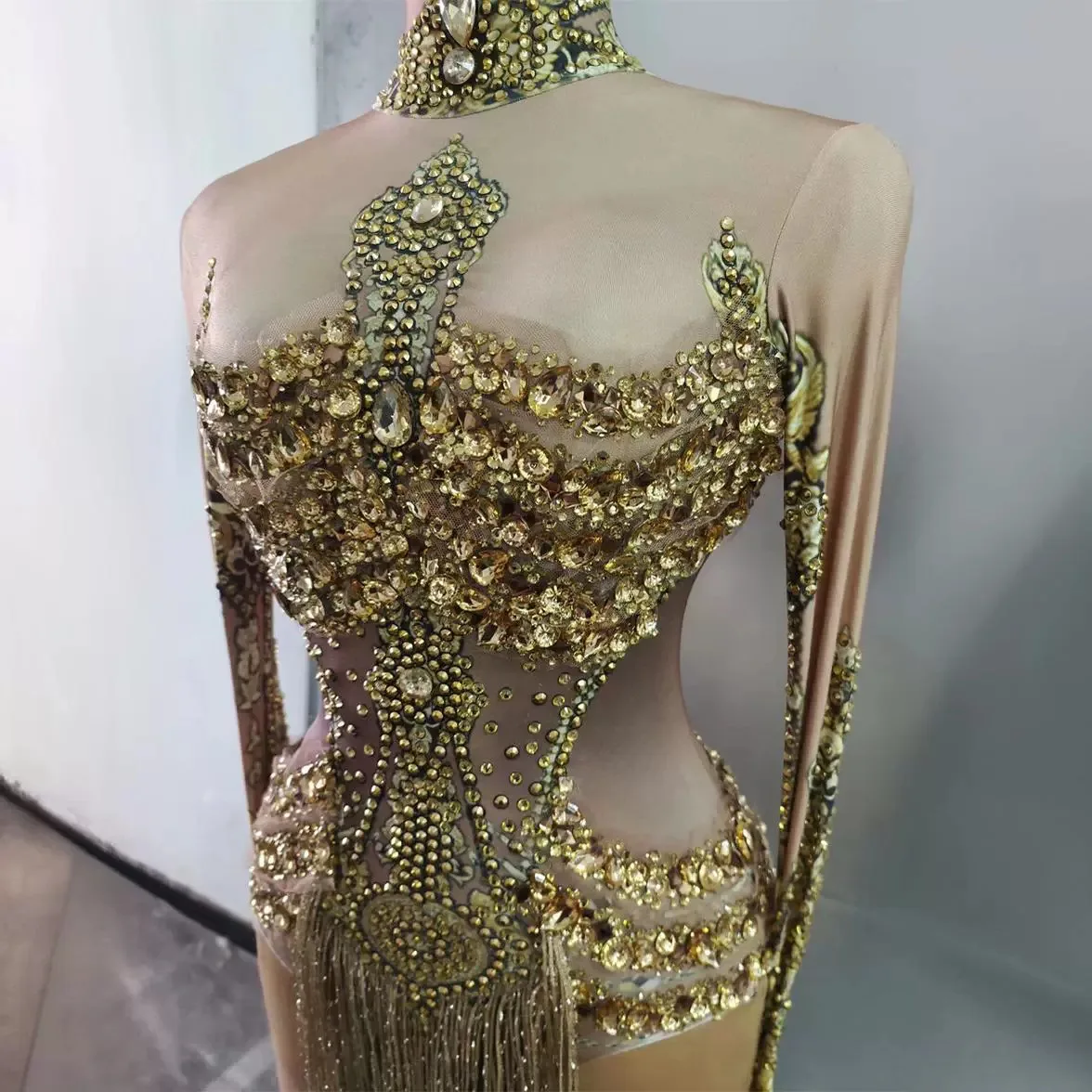 Glamorous Diamond Onesie for Fashion Runway Birthday Party and Stage Performance with Hollow Sexy Nightclub Outfit Mesh Dresses