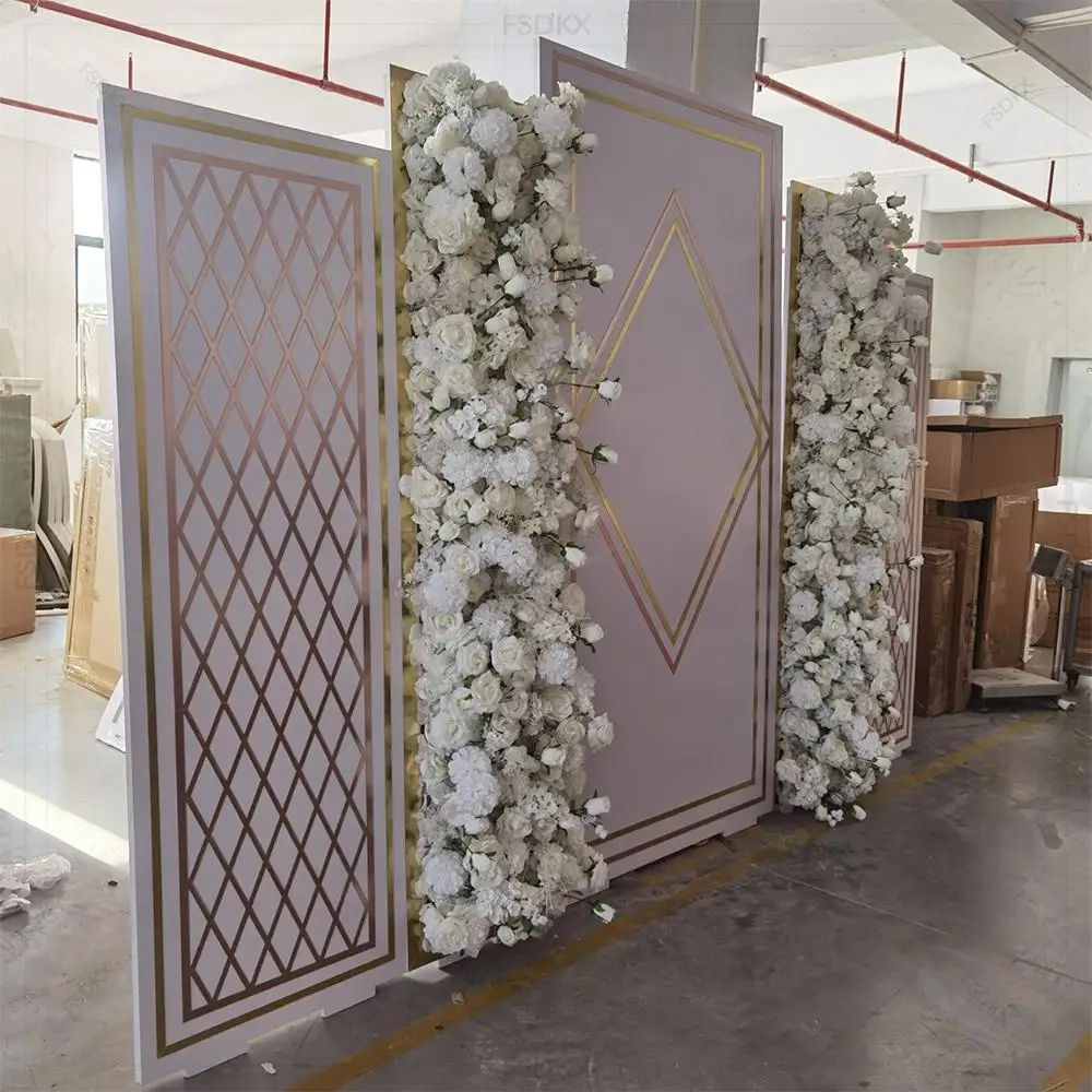 FSDKX Decoration Luxury Pvc Gold Acrylic Flower Backdrop Background Back Drop for Wedding Event Parties