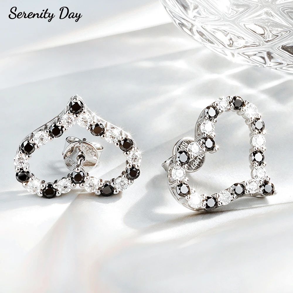 

Serenity 1.5mm 2mm White Black all Moissanite Earrings for Women Gift S925 Sterling Silver Heart Shape D Color Stud Ear Jewelry