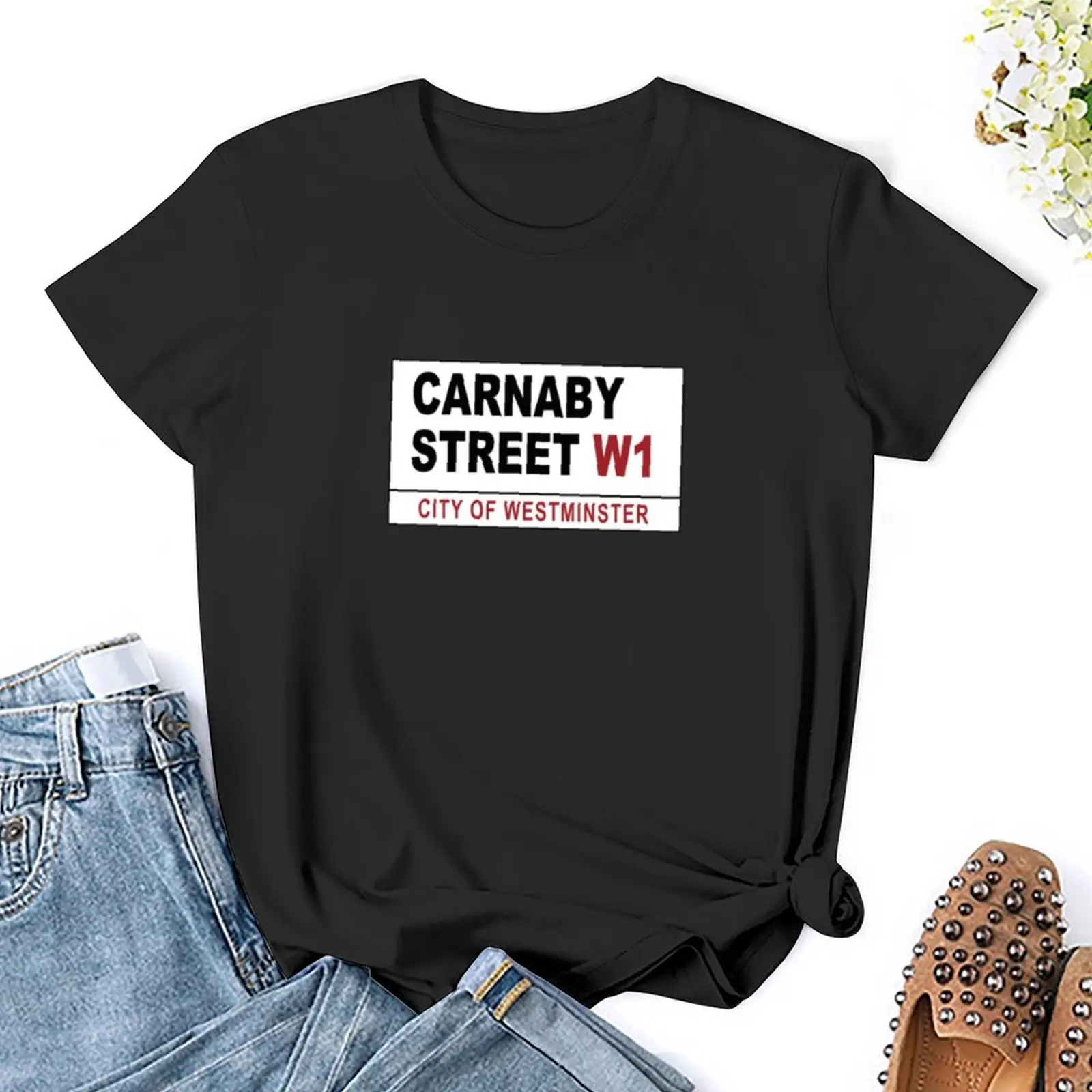 Carnaby Street Sign camiseta para mujer, blusa divertida, camisetas gráficas, ropa de verano, camisas de gato