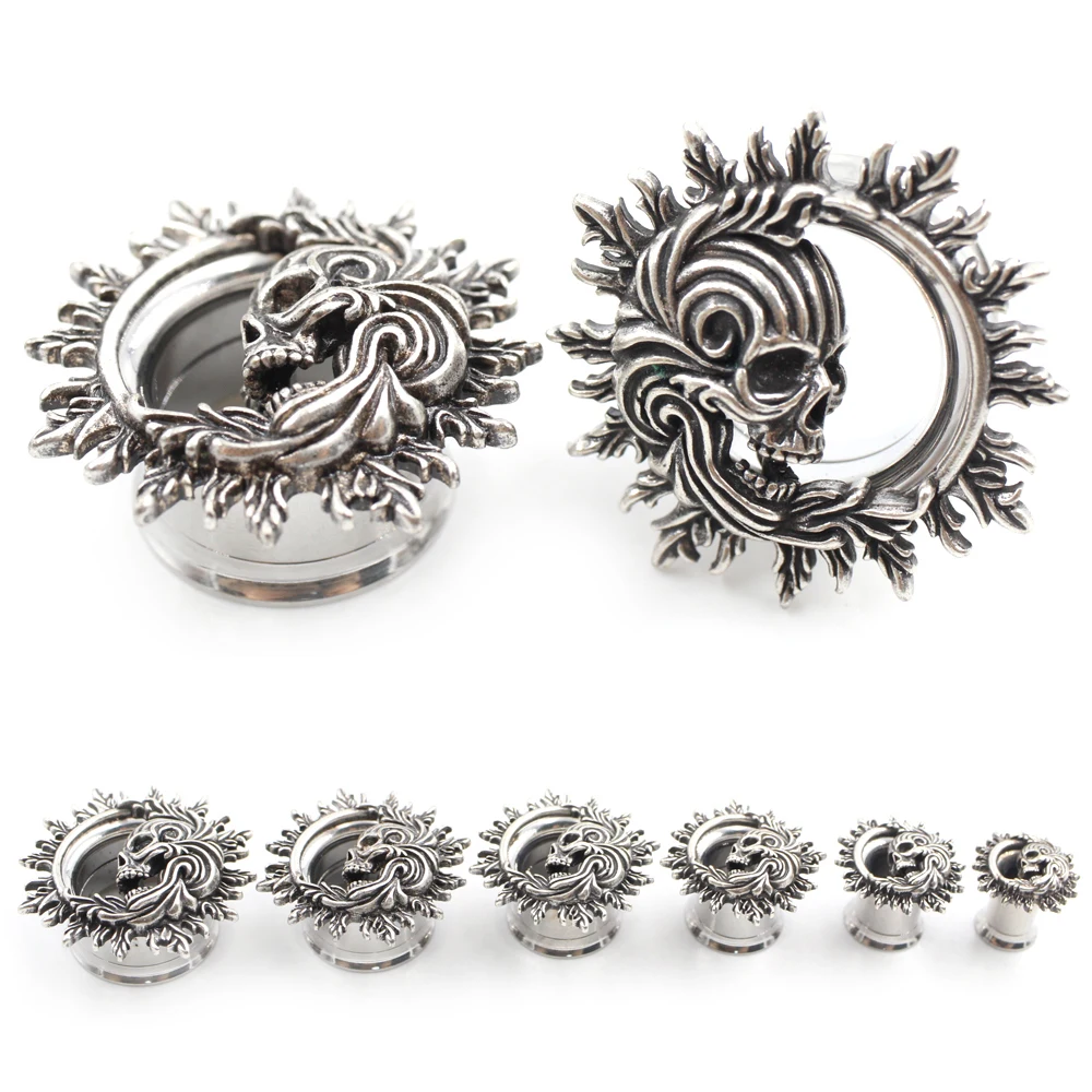 Alisouy 2er-Set Edelstahl Flammen-Totenkopf Ohr-Tunnel Plugs Expander Stretcher Flared Gauges Ohrringe Piercing Körperschmuck