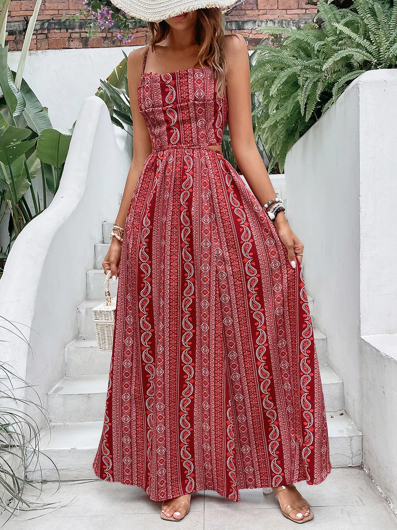 KEBY ZJ Boho Paisley Floral Women Split Long Dresses Sexy Backless Halter Beach Sundress Female Elegant Party Holiday Maxi Dress