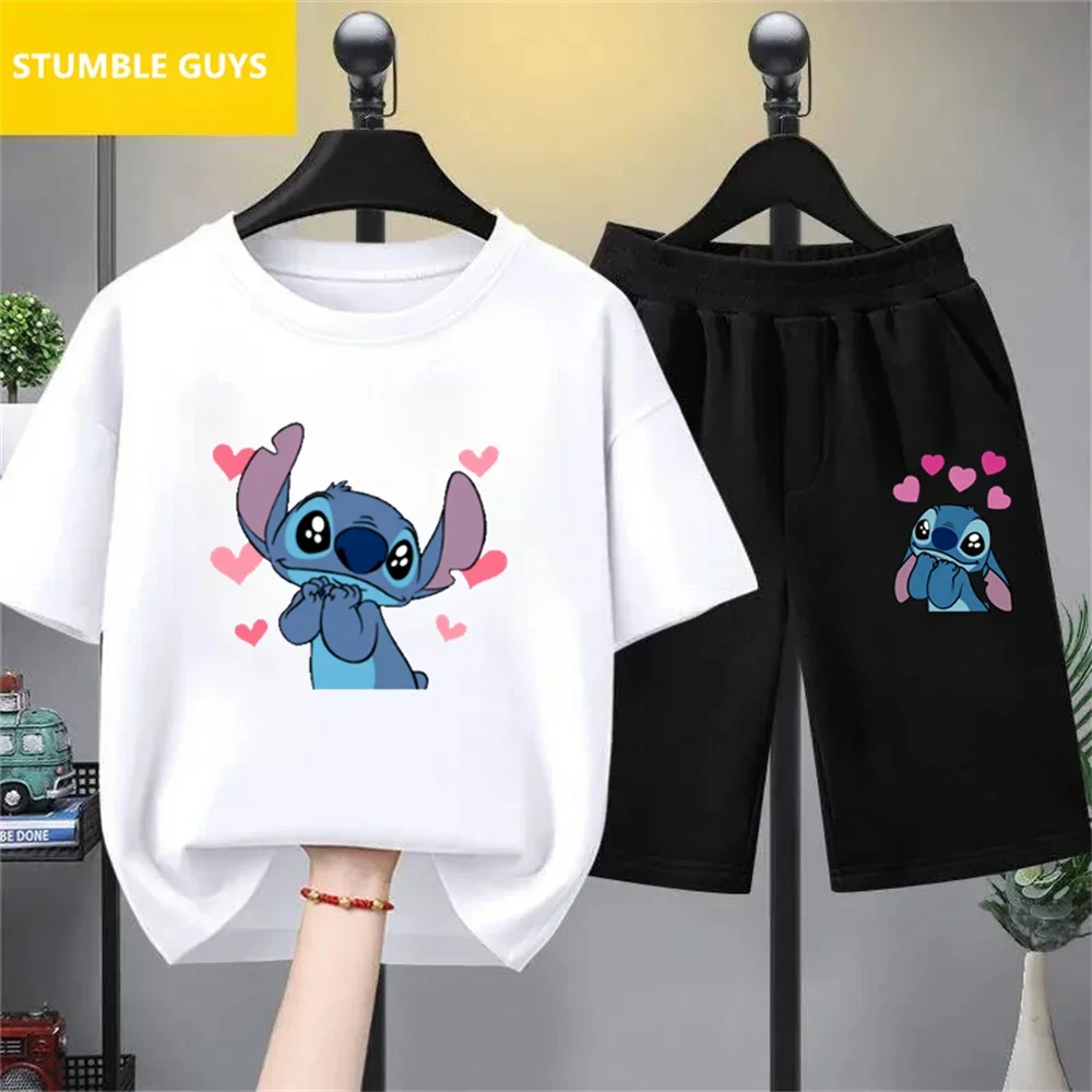 Stitch Girl Top T-shirt Kids Toddler Short Sleeve Boy Cartoon Clothes 3-12 Years Child Birthday T shirts Children's Trucksuit