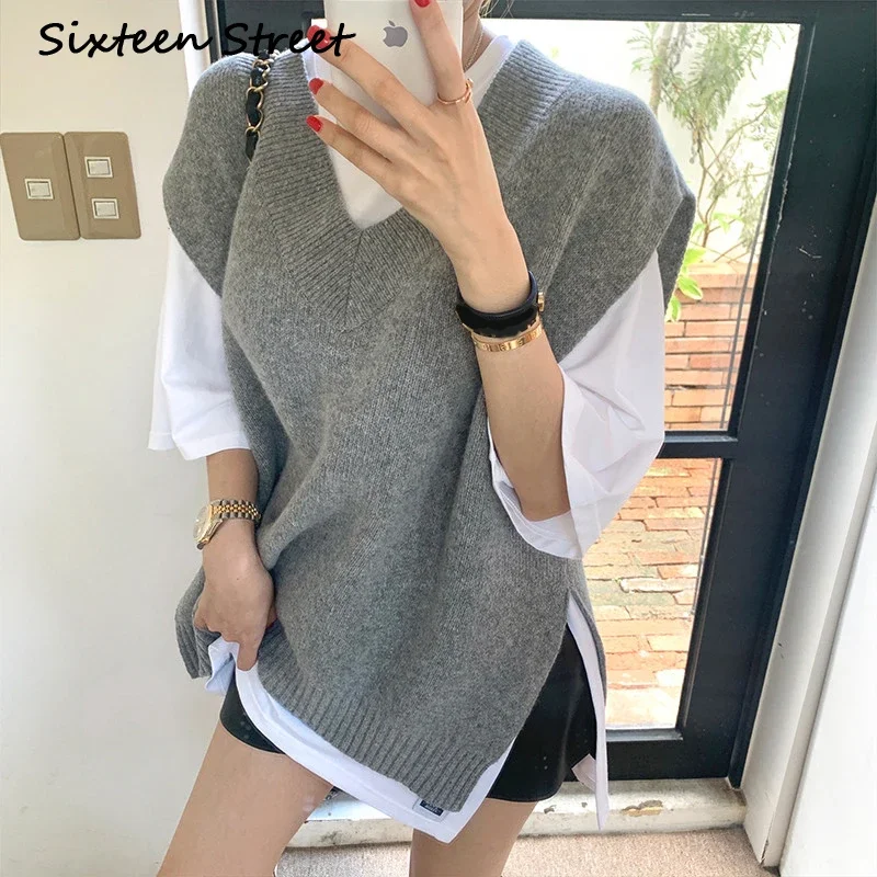 New Sweater Vest Women Woolen Tops Spring Summer Korean Loose Gray Knitted Cardigan Female Clothes Vintage Y2k Crop Top