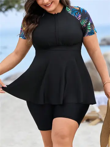 Women 2 Pieces Plus Size Swimwears Tankini Swimsuit  Zip Short Sleeve Swim Top Surfing Bathing Suits High Waist Beach Outfits