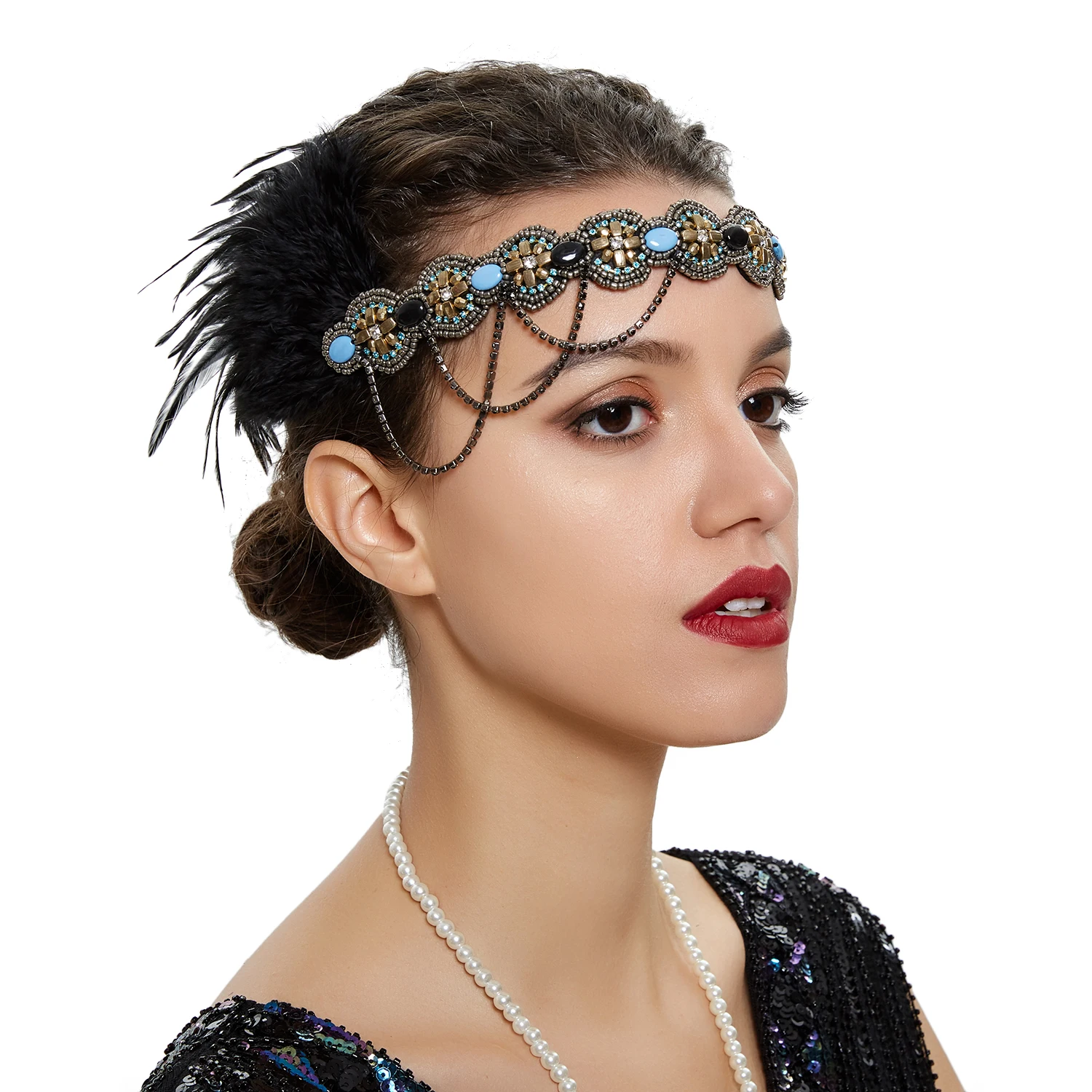 

Vintage 1920 Flapper Girls Ballroom Latin Dance Party Headband Peacock Feather Rhinestone Hair Band for Women Girls