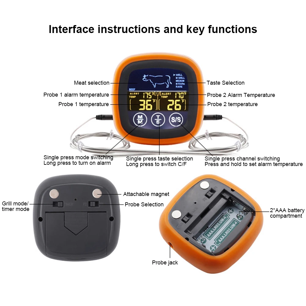 Thermomètre alimentaire numérique avec 2 sondes étanches et résistantes à la chaleur, alarme tactile, compteur de température de viande pour la cuisson, les grillades et le barbecue