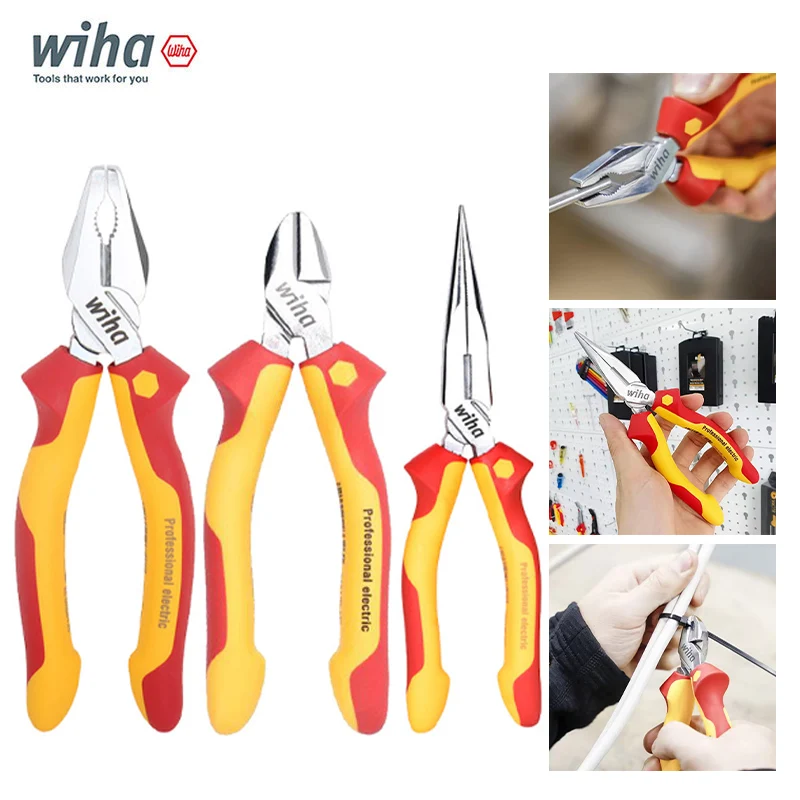 Wiha 3-Piece Set of Electrical Insulation Pliers, Wire Pliers, Pointed Nose Pliers, Diagonal Pliers, Manual Tool Combination Set