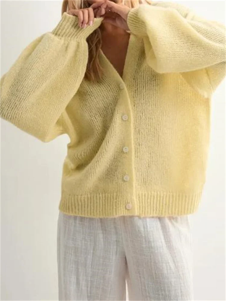 

CHRONSTYLE Knitted Deep V-neck Sweaters Tops for Women Long Lantern Sleeve Front Buttons Up Loose Casual Autumn Cardigan Jumpers