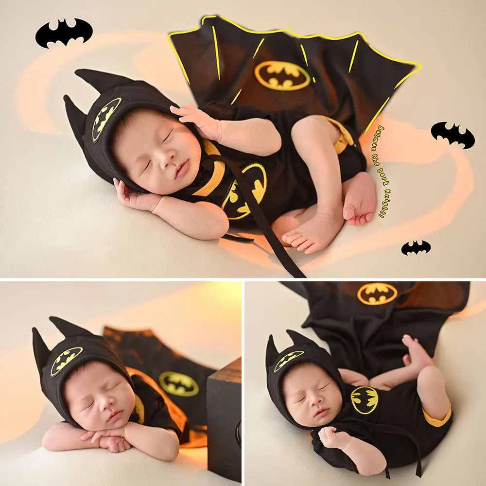 Newborn Photography Props Halloween Baby Cosplay Costume Baby Jumpsuit+Bat Hat+Cloak Little Hero Bat men Theme Photo Shoot