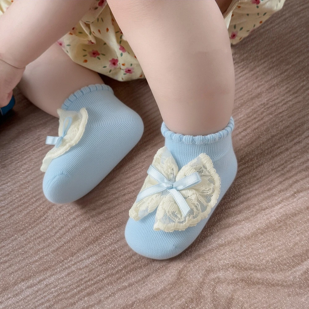 6Pairs Baby Floor Socks Breathable Princess Girls Frilly Sock With Bows Infant Baby Ankle Socken Cute Children's Sock