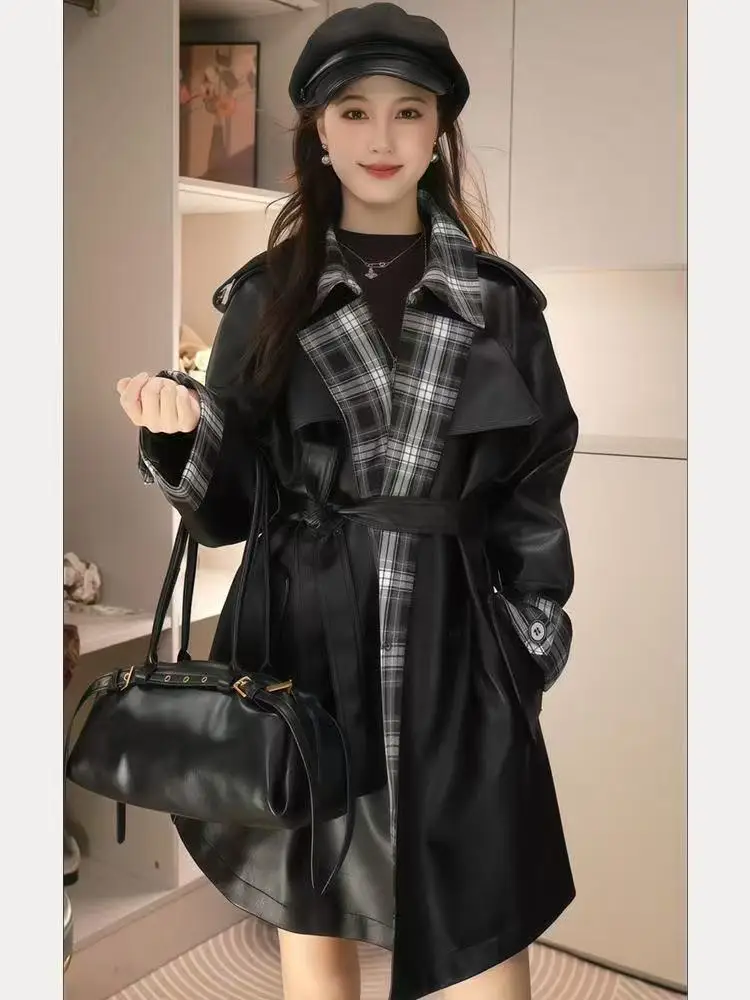 Autumn Plaid Patchwork Leather Jacket Slim Belt Women PU Leather Trench Coat Y2K Design Clothing Streetwear Coats Trendy