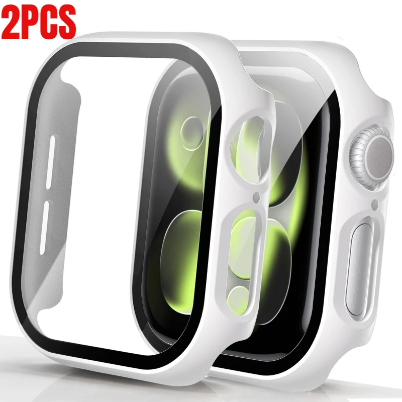 2 Stück gehärtetes Glas + Hülle für Apple Watch 38-40-41-42mm44mm 45mm 46mm Displayschutzfolie Schutzhülle iWatch 11 10 8 7 9 6 SE 5