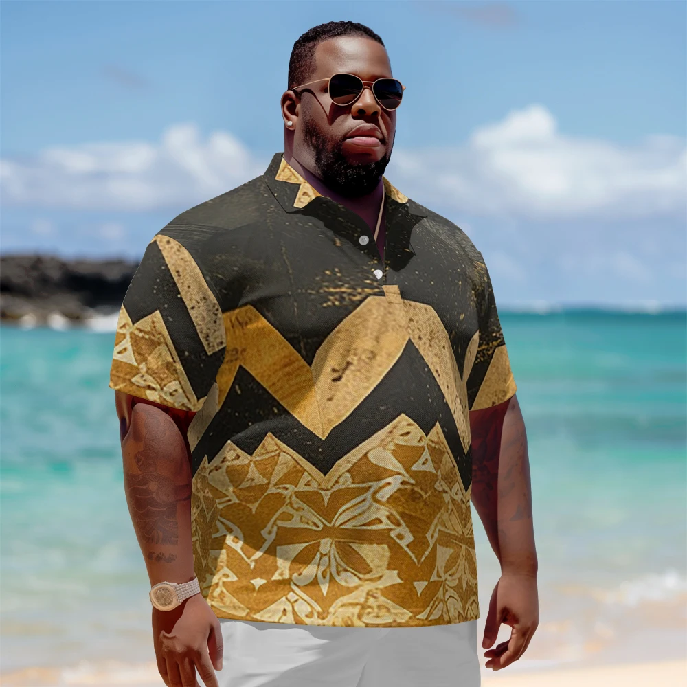 

1 men's plus size polo shirt with summer black and yellow mixed print casual lapel button suitable for shopping and golf