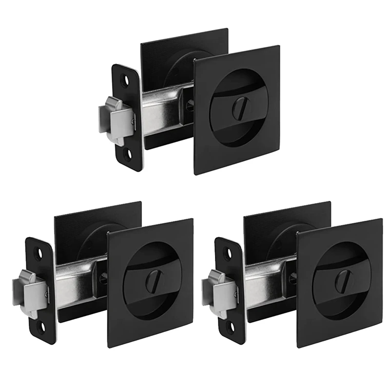 

3X Pocket Door Lock, Matte Black Contemporary Privacy Square Pocket Door Hardware, Black Sliding Pocket Door Lock