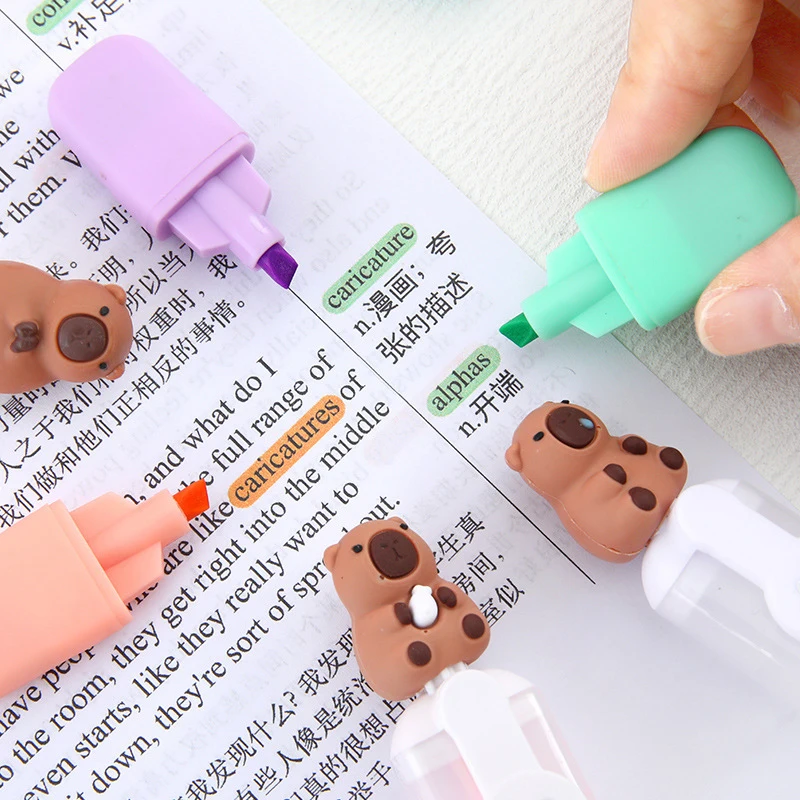 6Pcs/Set Cute Capybara Highlighter Pen Set Cartoon Markers Stationery Mini 6-color Highlighters Birthday Gift