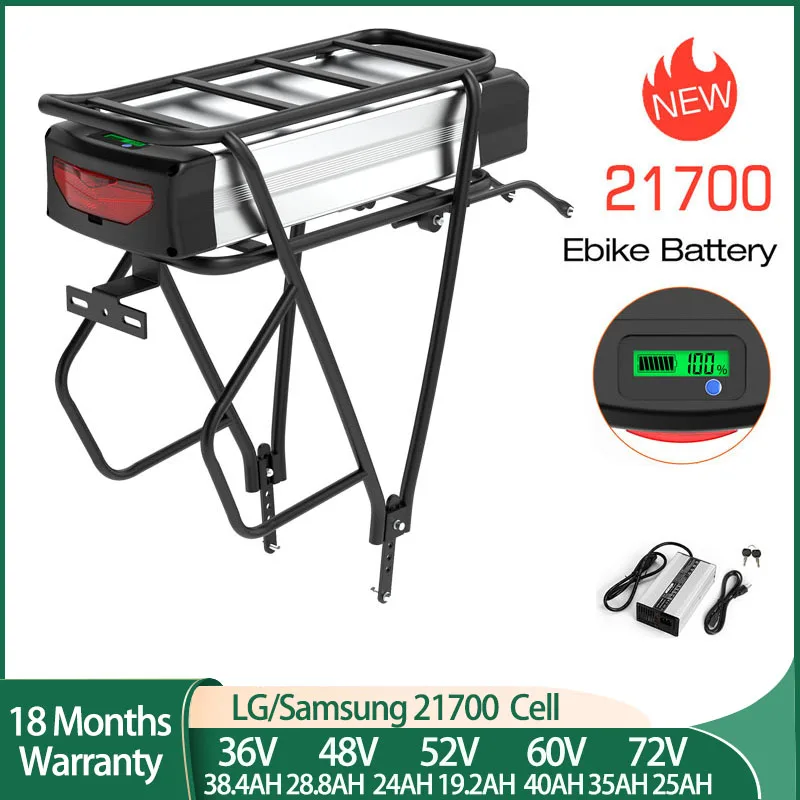 Original 72V 60V Rear Rack eBike Battery 52V 48V 36V Lithium Pack with Luggage for 250W-3000W 24