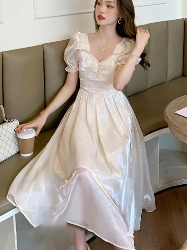 

Vintage Short Sleeve Holiday Midi Dress Summer French Elegant Fairycore Square Collar Sundress Party White Vestido Robe