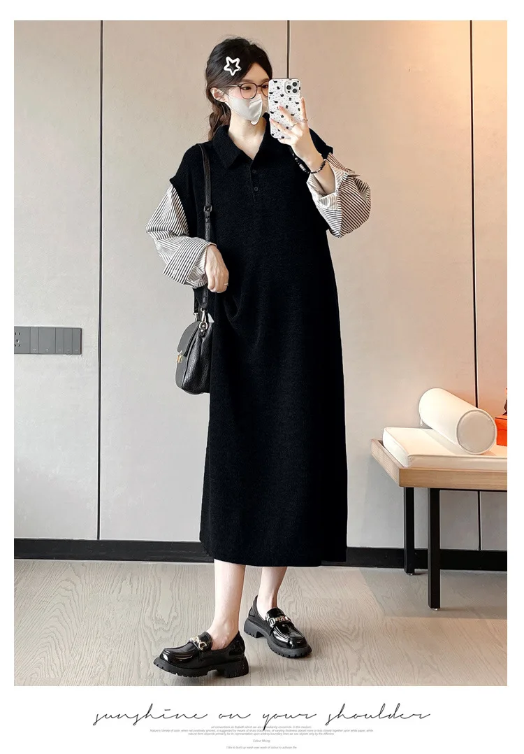 2025 جديد الخريف فستان حمل وهمية قطعتين بولو طوق مخطط كم طويل فستان محبوك الفرنسية عادية فضفاض #6