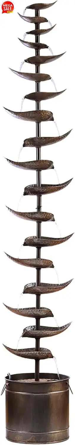 

MCC390L-SL Indoor Outdoor Metal Tiered Leaves Water Floor Fountain, 70 Inches Tall, Silver