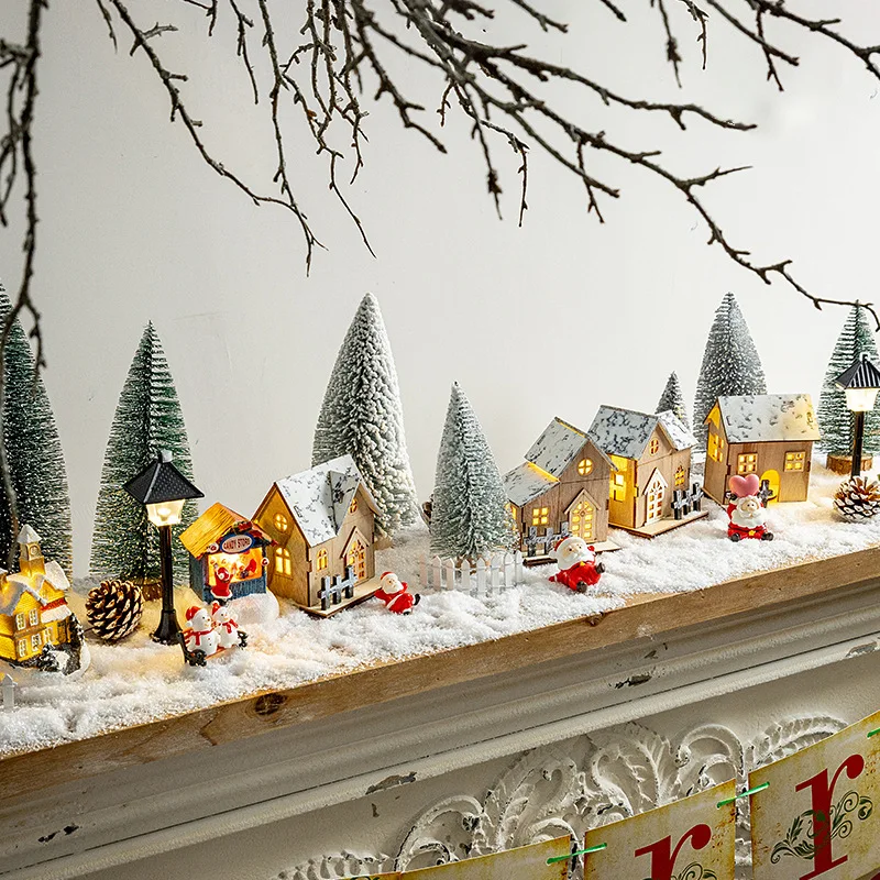 

Christmas Glowing Wooden House Decoration Christmas Tree Micro Landscape Town Fireplace Decoration Scene Arrangement