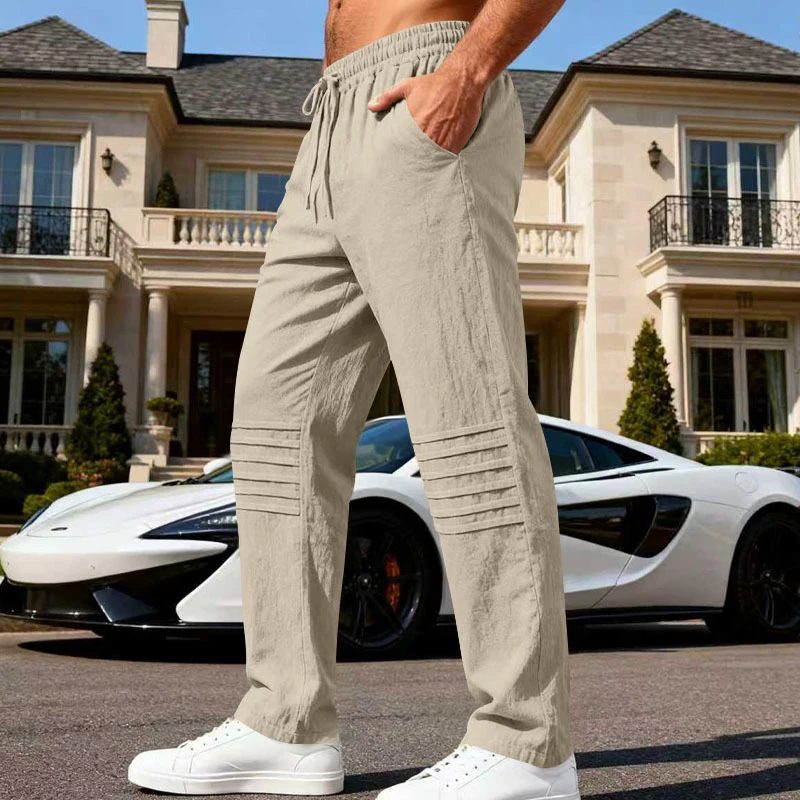 Frühling Herbst Neue Casual Leinen Hosen Herren Vintage Plissee Kordelzug Lose Gerade Hosen Männer Mode Einfarbig Böden