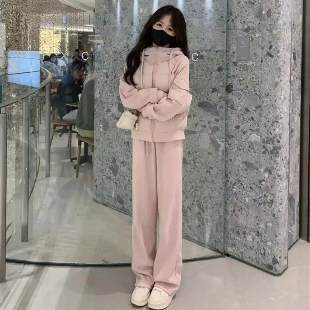 Women's Casual Sports Suit Slimming Cotton Hooded Sweatshirt And Wide Leg Pants Two-Piece Set Western Style Winter