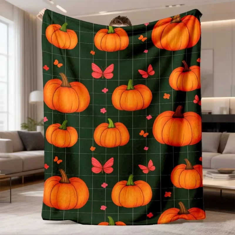 Manta con estampado de mariposas y calabazas en cuadrícula verde oscuro, manta suave y cálida para todas las estaciones