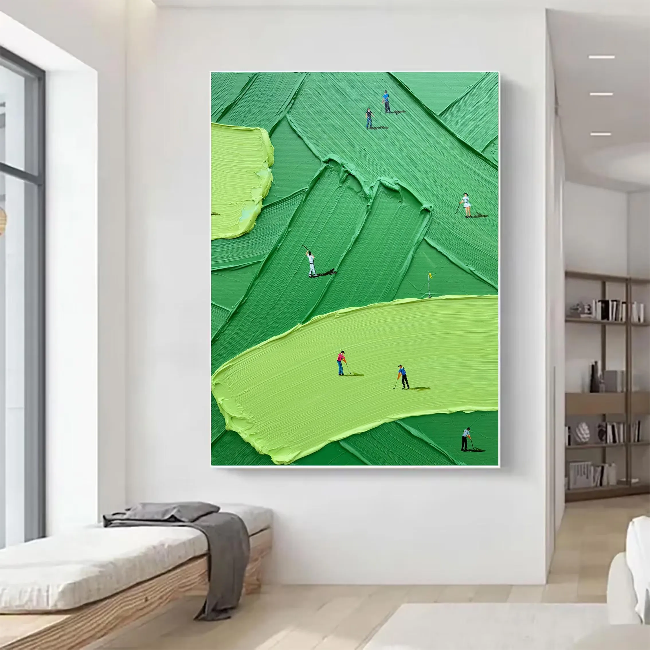 Large green abstract oil painting,green golf course canvas art,green textured wall art.A gift for golf enthusiasts,home decor.