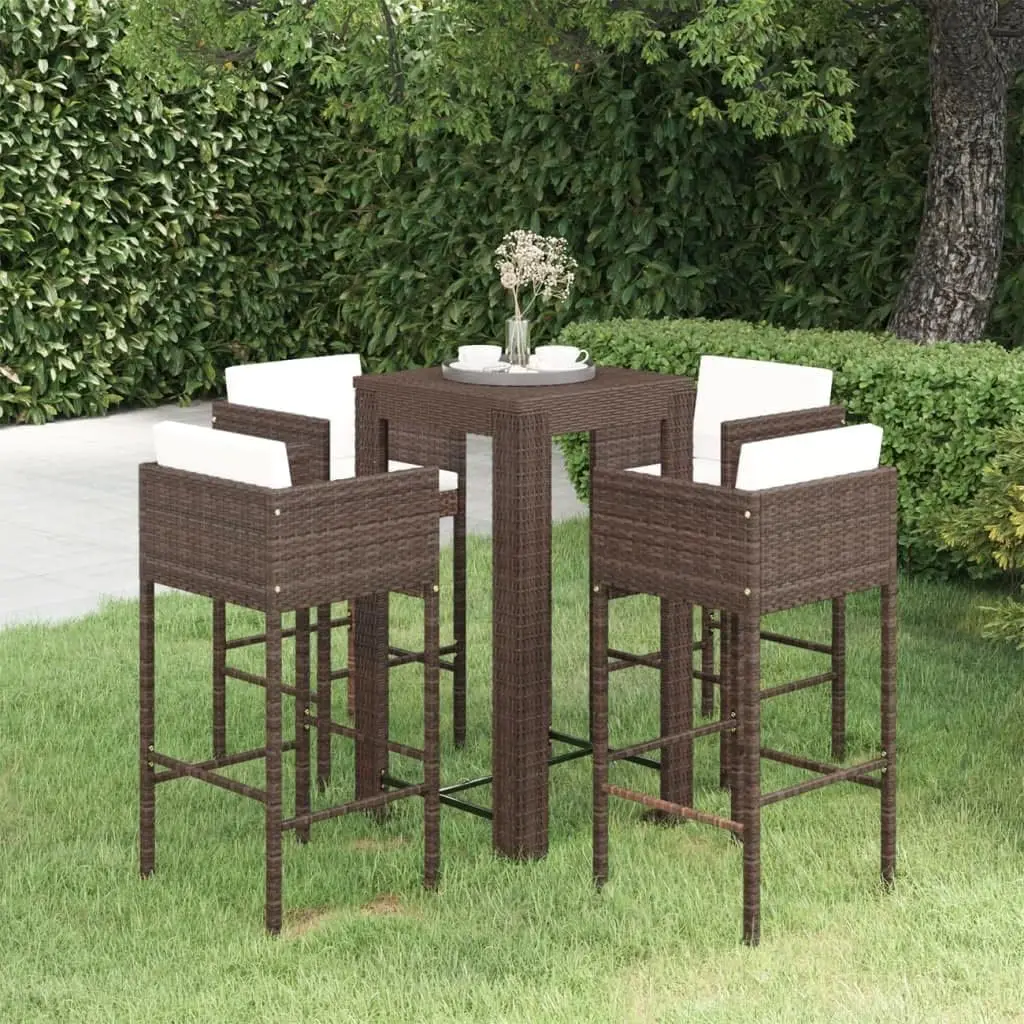 Vidaxl 5 Piece Patio Bar Set With Cushions - Poly Rattan, Brown, Garden Furniture For Outdoor, Deck, Patio, Or Garden - Sturdy