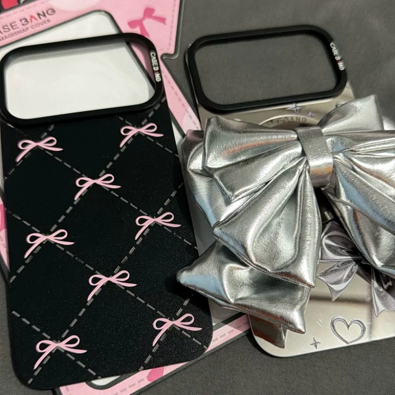 

Phone Case Detachable 3d Silver Large Bow Magnetic Phone Stand Fashion Daily Protective Cover For Adult Women Toys Gifts Cute