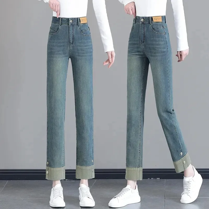 Female Nine Points Jeans Spring Women Versatile Retro Blue Smoke Pipe Denim Pants Ladies Leisure Straight Leg Cowboy Trousers