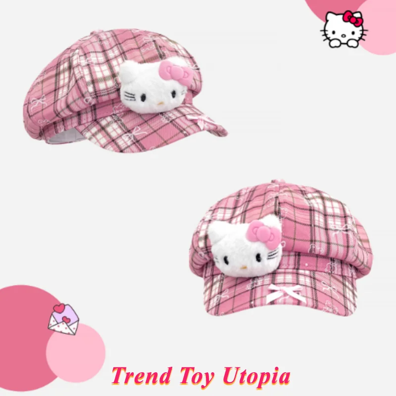 

Sanlio · Hellokitty Anime Peripheral Pink Grid Kt Cat Doll Octagonal Hat Korean Ins Style Face Show Small Trendy Cute Girl Gift