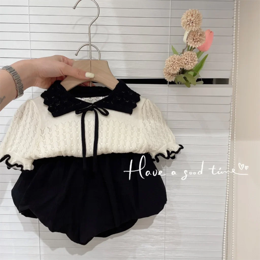 

2024 Baby Girls Summer Clothing Set Tops Fashion Knit Shirts Tops+Shorts,elegant Girl Kids 2pcs Clothes Children Casual Wear