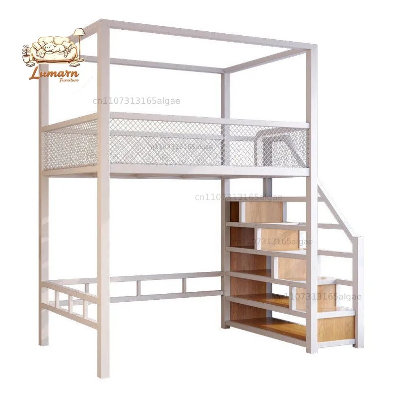 High and low iron frame bed Elevated Empty ladder cabinet Shelf Household duplex second floor Bed pavilion