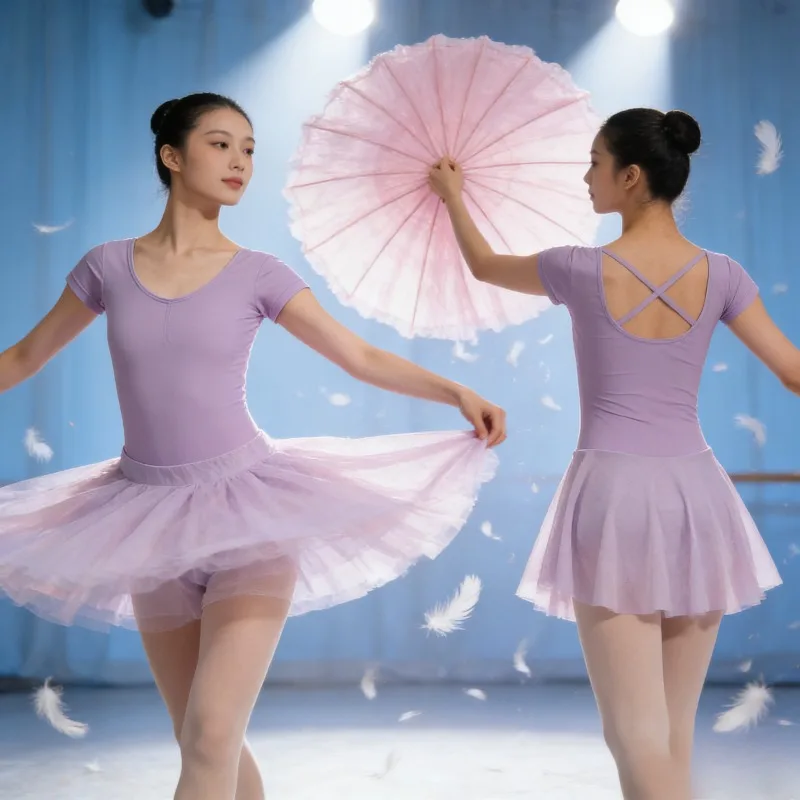 

Детский балетный костюм со звездами, тюлевое платье с короткими рукавами, эластичным топом и кружевной отделкой для танцевальной практики