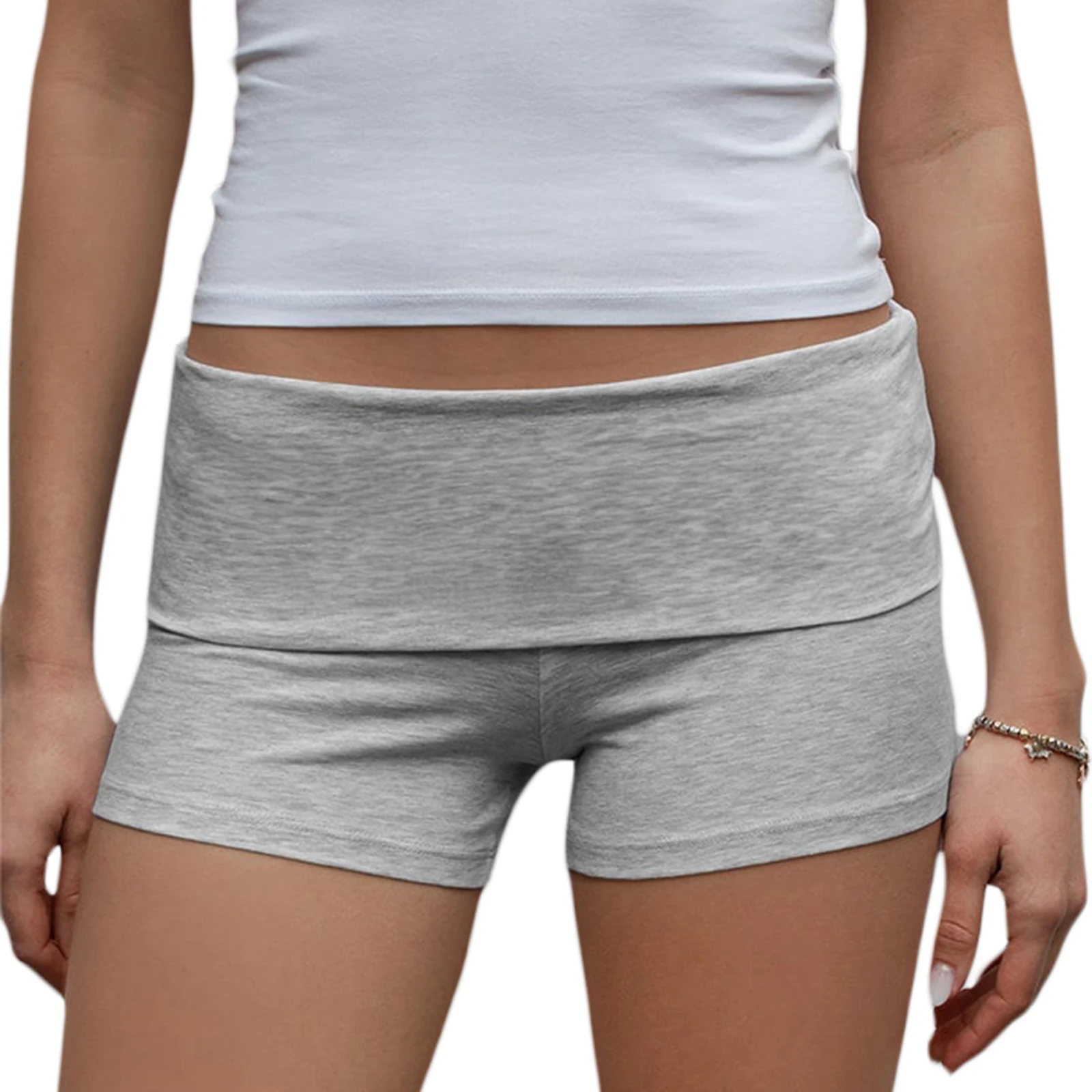 

Women's Summer Slim Yoga Shorts Casual Solid Color Fold Over Low Waist Lounge Shorts