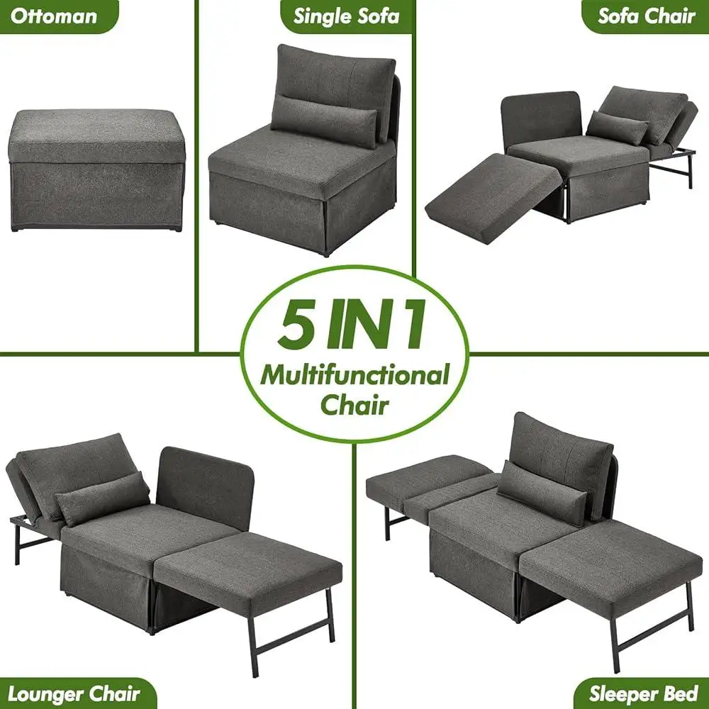 5-in-1 Convertible Sleeper Chair Bed Adjustable Backrest Assembly-Free Multi-Function Sofa Bed Small Spaces Daily Use
