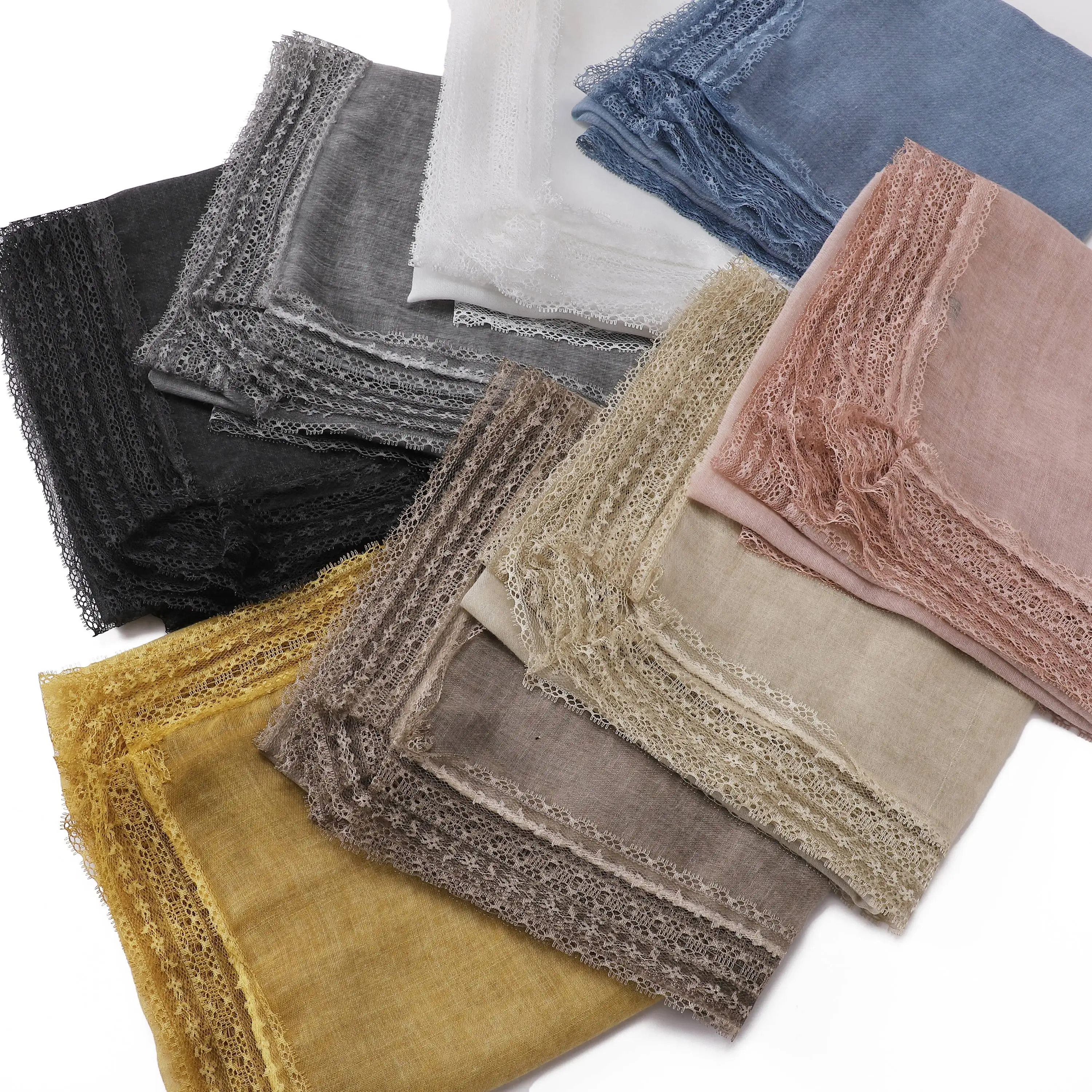Latest Design Plain Color Viscose Scarves 100*100CM Large Size Lace Edged Muslim Headscarf Women Hijab Ladies Square Scarf