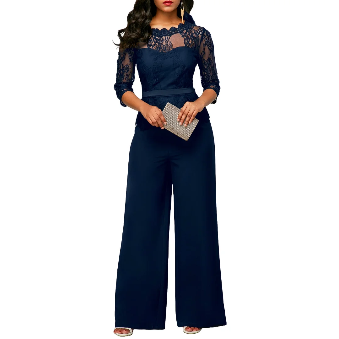 

Elegant Navy Blue Lace Mother of the Bride Pantsuit with 3/4 Sleeve Chiffon Wide Leg Trousers Formal Wedding Outfit Evening Wear