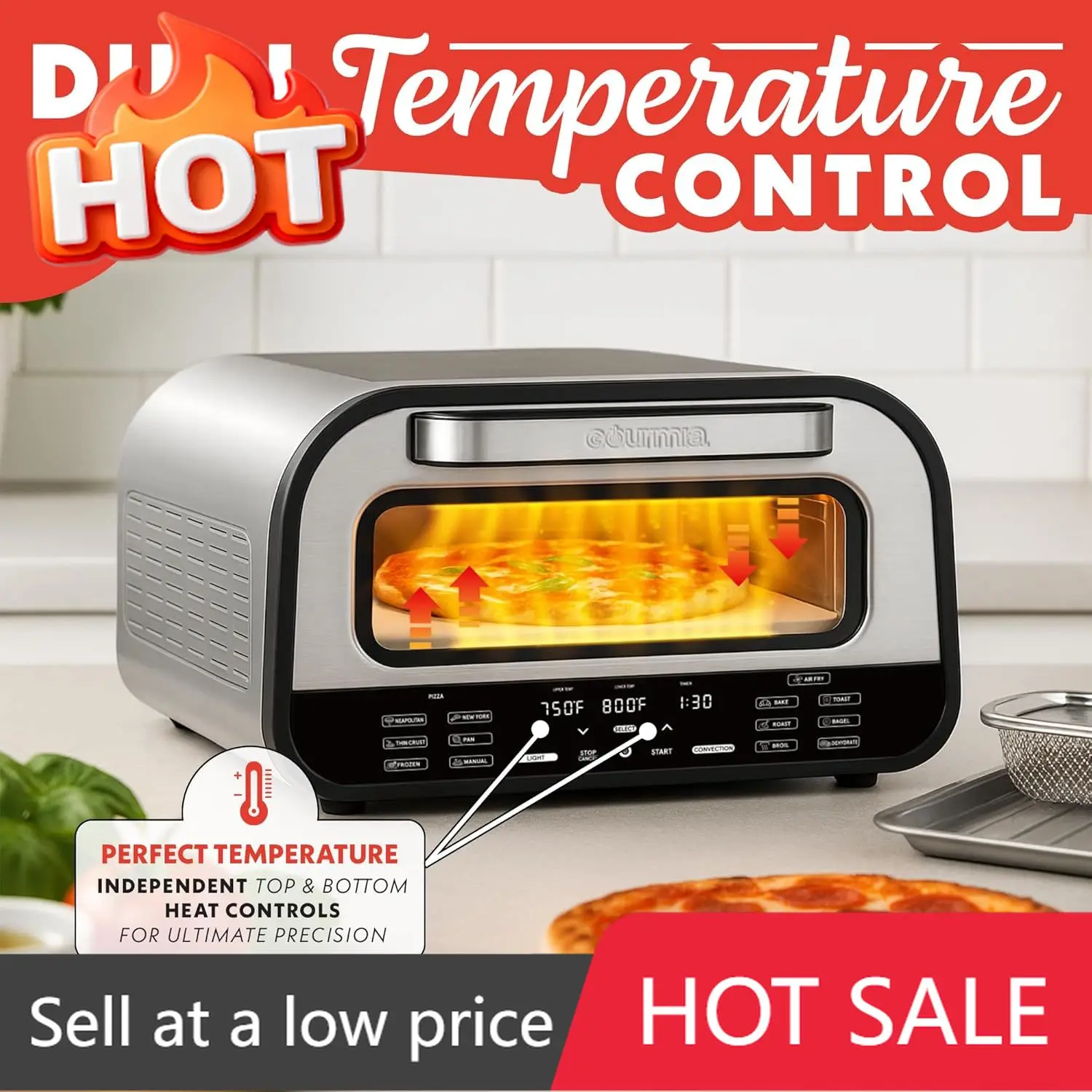 Countertop Multi Cooker 1800W Indoor Pizza Oven Air Fryer Toaster with Pizza Stone Digital Controls Six Presets Stainless Steel