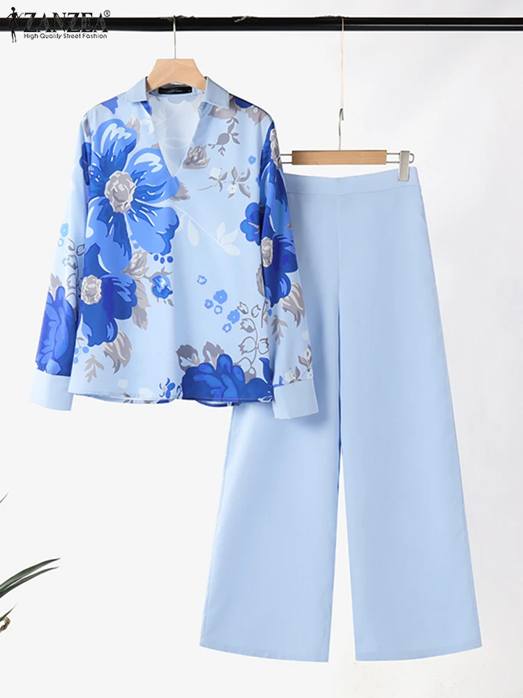 Zanzea Herfst 2024 Elegante Vrouwen Lange Mouw Blouse Broek Sets Mode Bloemen Wijde Pijpen Broek Past Werk Trainingspak Outfit 2 Stuks