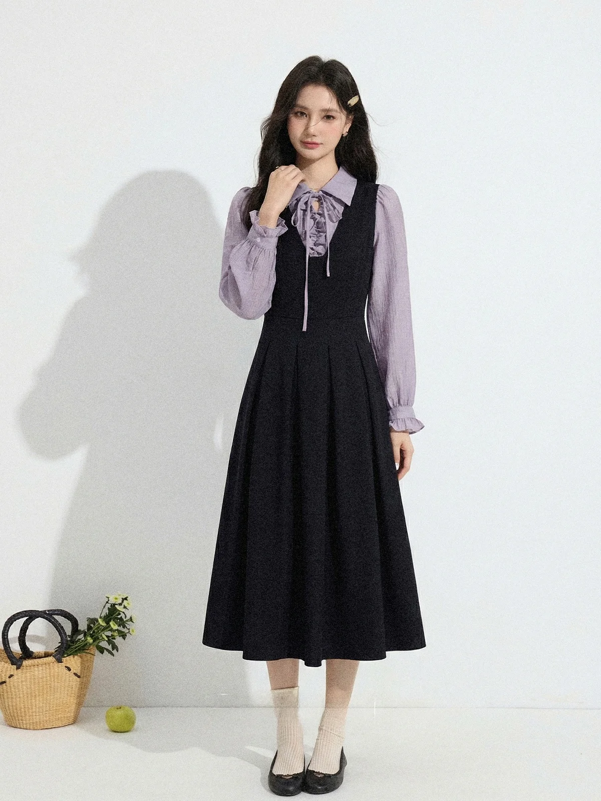 

Black Collar Dress Women's Fake Two-Piece Long Sleeve Spring Fashion Design French Style A-Line Skirt City Commute Dress