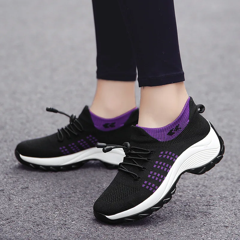 

Spring New Large Size Sports Shoes Socks Shoes Walking Shoes Fly Woven Breathable Mesh Women's Shoes Thick Soled Rocking Shoes