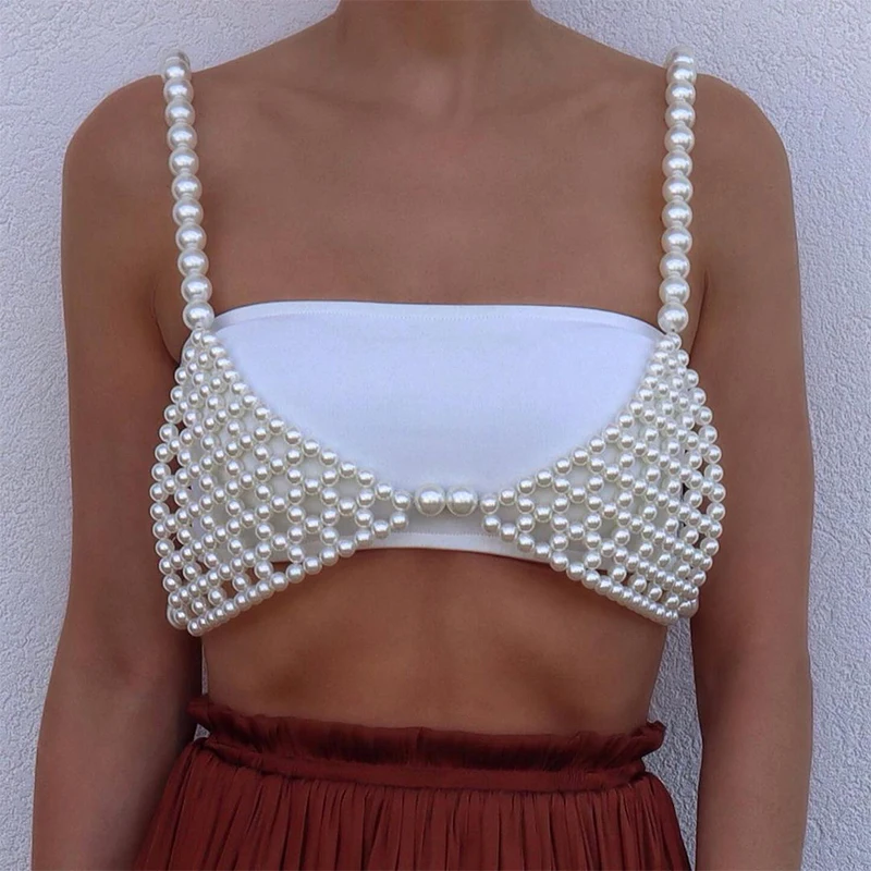Y2K Backless Bra Top Corset Women Bridal Body Chain Vest Harness White Pearl Beaded Festival Bralette